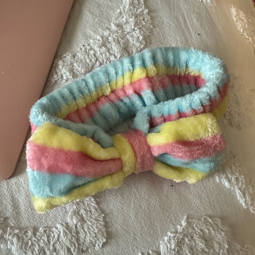 Plush Striped Bow Hair Band - Blue Pink Yellow